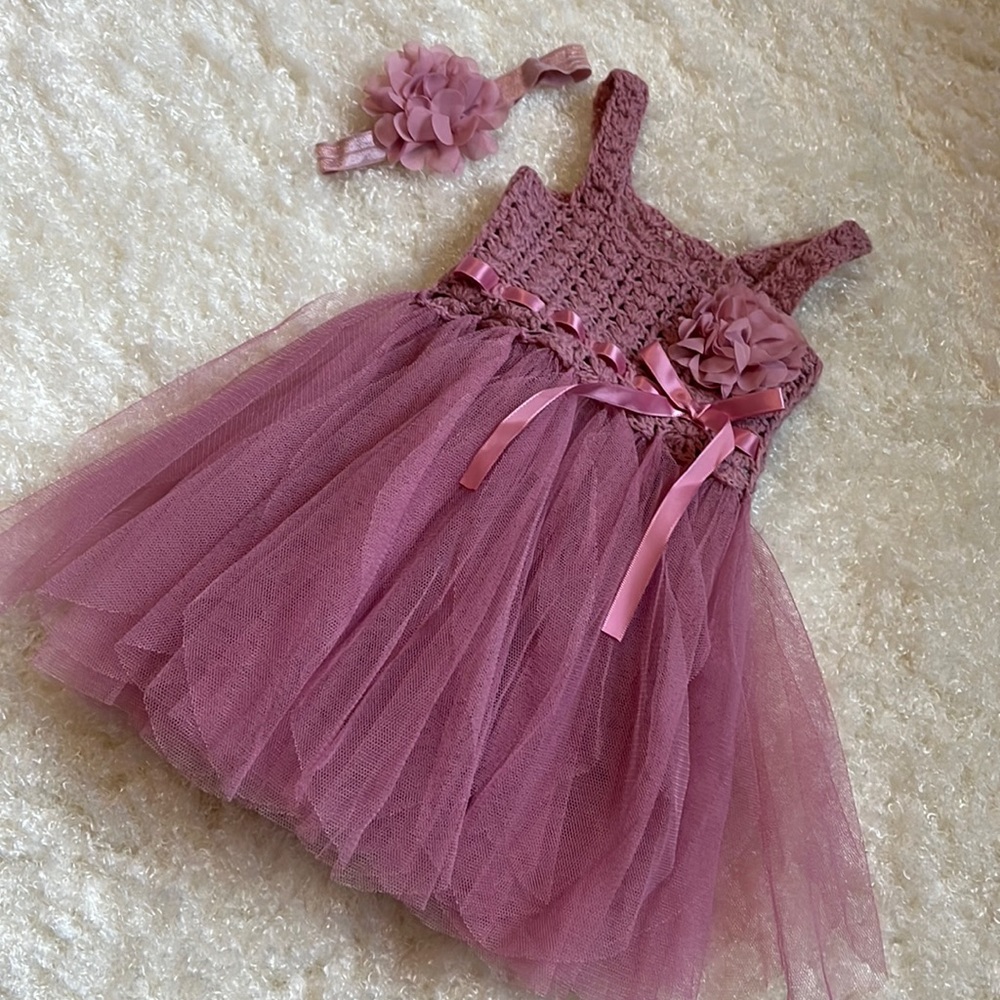 Purple tulle dress for baby girls with matching headband. 0-6 months